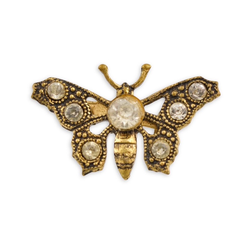 Vintage Butterfly Brooch Brass with Rhinestone Small Pin